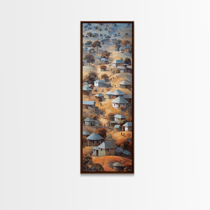 Round Hut African Village Wall Art, Aerial Tribal Landscape Painting, Earth Tone Canvas, Authentic Africa Home Decor, Gift