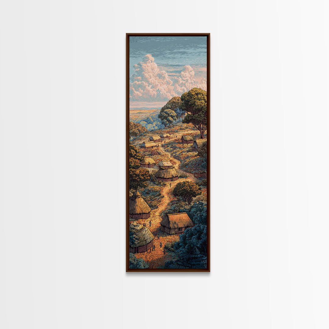 Sunlit Hillside African Village Framed Canvas Print, Boho Landscape Wall Decor, Nature Scene Art, Warm Earth Tone Gift Idea