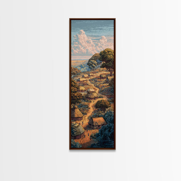 Sunlit Hillside African Village Framed Canvas Print, Boho Landscape Wall Decor, Nature Scene Art, Warm Earth Tone Gift Idea