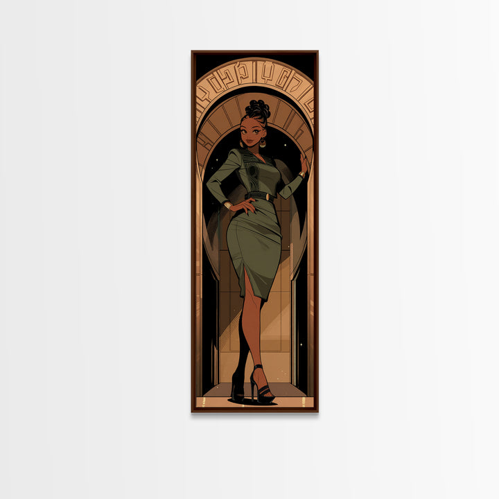 Elegant Black Woman In Green Dress Framed Canvas Print, Afrocentric Wall Art, Fashion Portrait, Black Beauty Home Decor, Gift