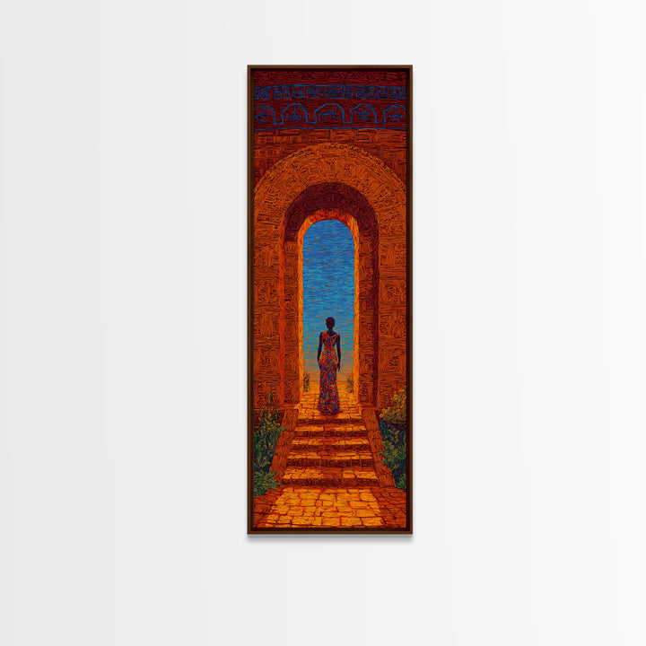 African Woman In Ornate Arch Wall Art, Blue Sea Doorway Painting, Afrocentric Decor, Cultural Travel Canvas Print Gift Idea