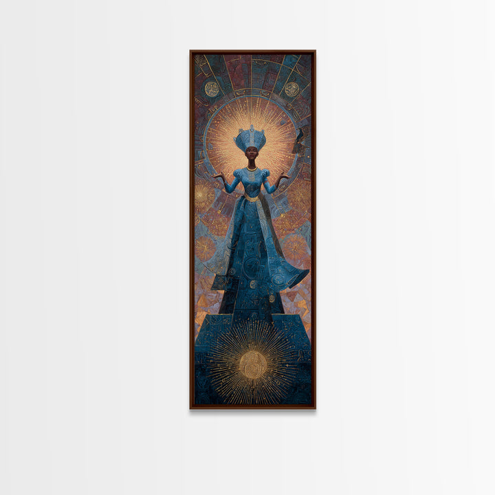 Blue African Goddess With Crown And Radiant Halo Framed Canvas Print, Black Queen Portrait, Afrocentric Luxury Wall Decor