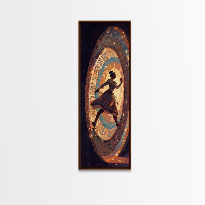Afro Girl Running Through Cosmic Portal Wall Art, African Inspired Fantasy Scene, Black Girl Magic Decor, Dreamy Canvas Gift