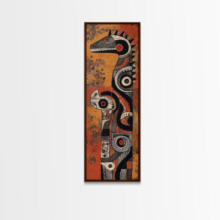 Textured African Totem Horse Framed Canvas Print, Tribal Mask Wall Art, Orange Black Decor, Cultural Statement Artwork Gift