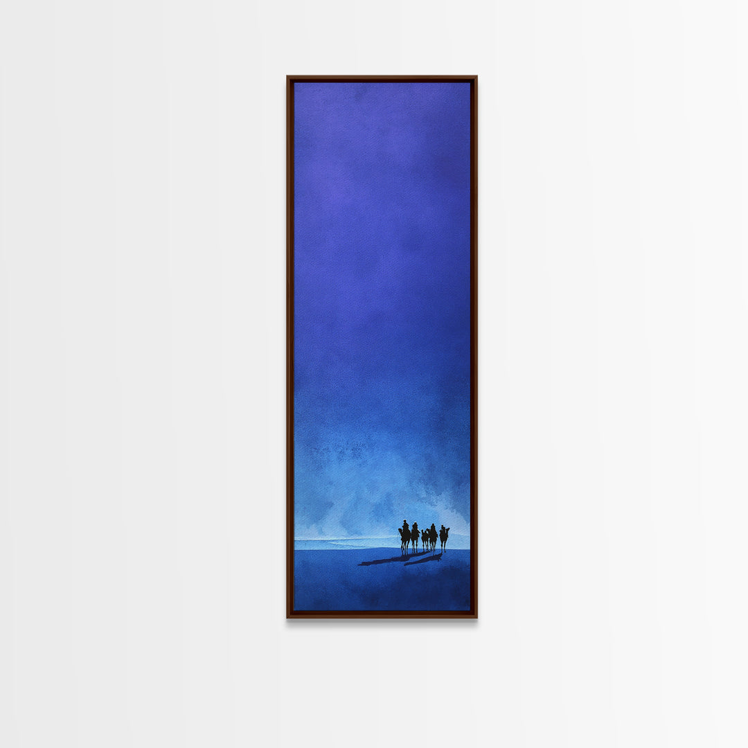 Blue Minimal Camel Riders Canvas Print, African Travel Wall Art, Sahara Desert Decor, Modern Safari Artwork For Peaceful Home