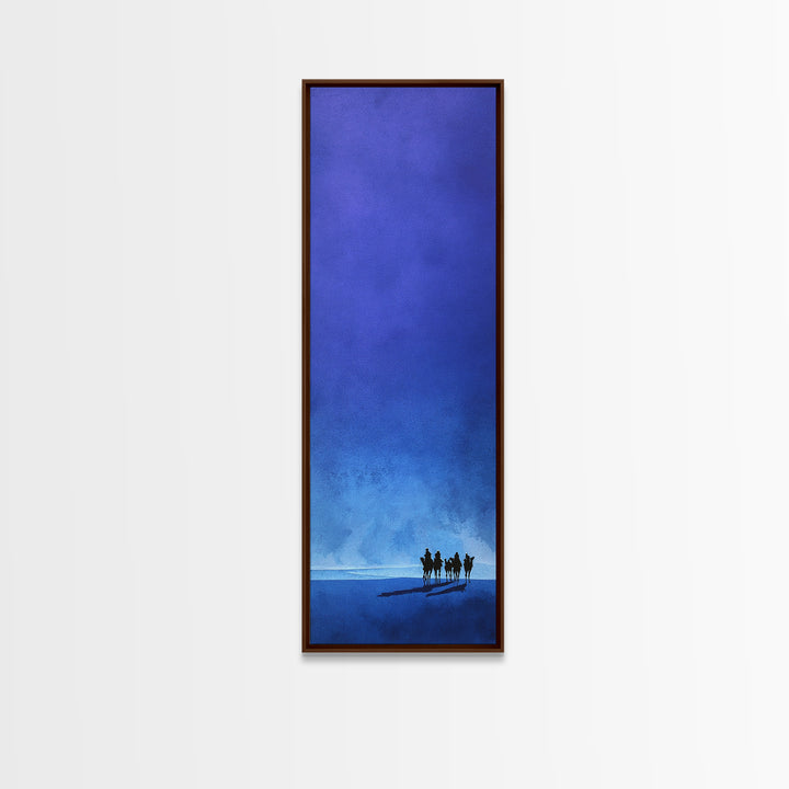 Blue Minimal Camel Riders Canvas Print, African Travel Wall Art, Sahara Desert Decor, Modern Safari Artwork For Peaceful Home