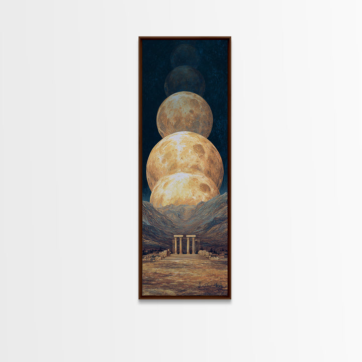 Stacked Golden Moons Over Desert Temple Wall Art, African Inspired Celestial Landscape, Luxury Canvas Decor, Mystical Home Gift