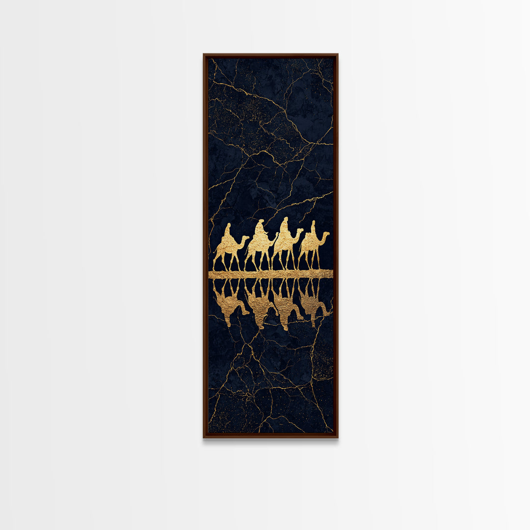Gold Camel Caravan Framed Canvas Print, Black Marble African Safari Art, Luxury Wall Decor, Boho Desert Travel Artwork Gift
