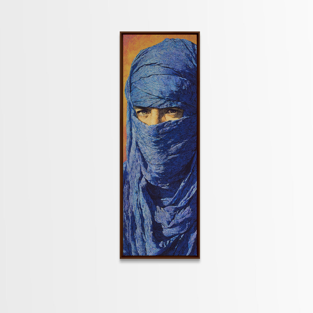 Blue Veiled Desert Man Wall Art, African Portrait Canvas Print, Tuareg Nomad Artwork, Bold Orange Cultural Home Decor Gift