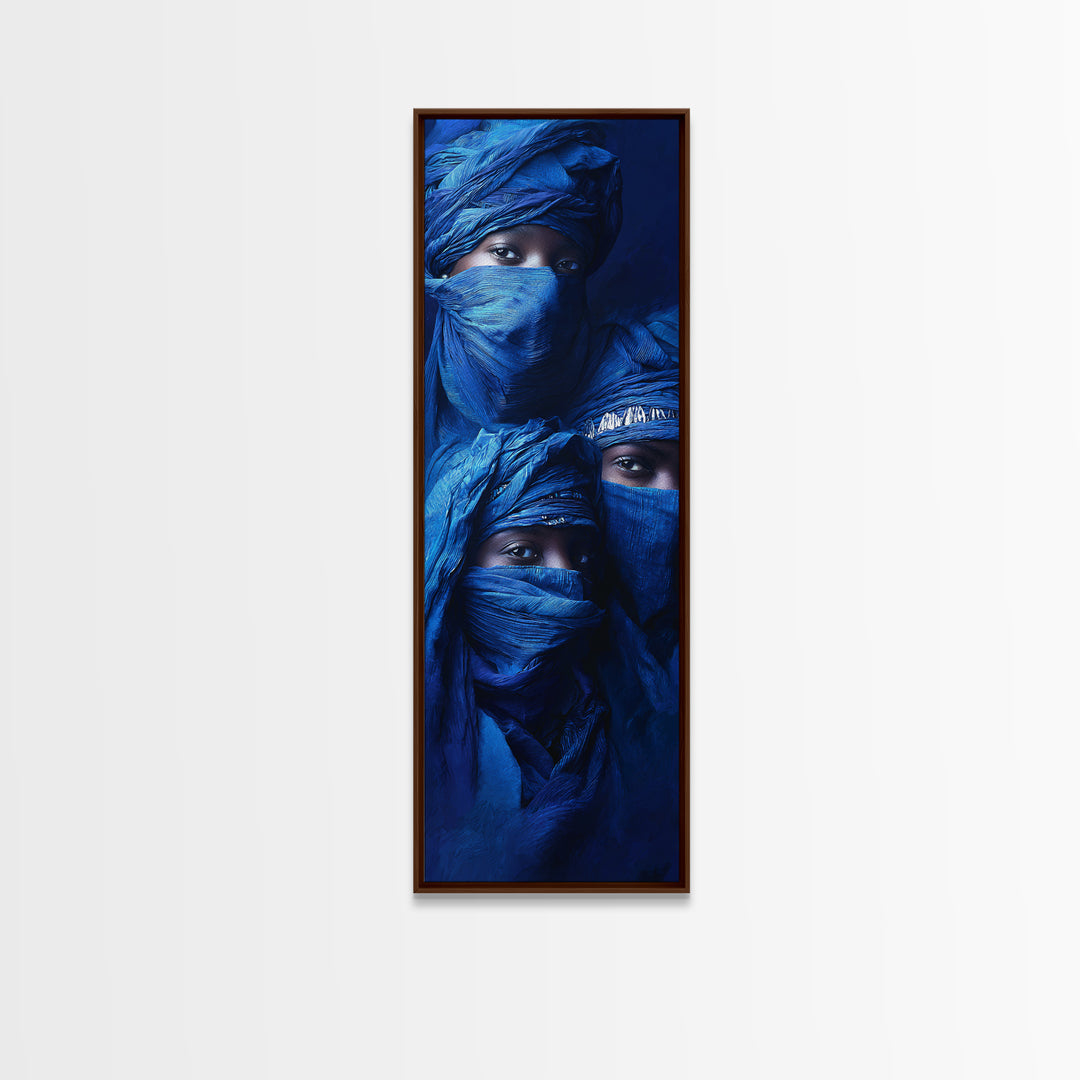 Three Blue Veiled Nomads Framed Canvas Print, African Portrait Art, Tuareg Portrait Wall Art, Indigo Afrocentric Decor Gift