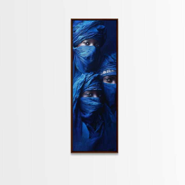 Three Blue Veiled Nomads Framed Canvas Print, African Portrait Art, Tuareg Portrait Wall Art, Indigo Afrocentric Decor Gift