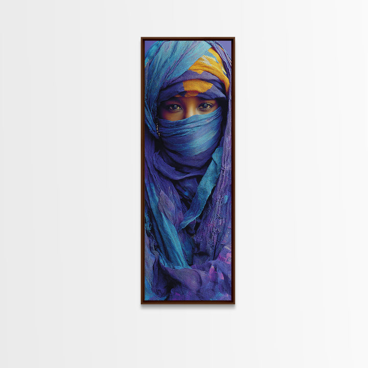 Turquoise Veiled African Woman Wall Art, Blue Purple Portrait Canvas Print, Desert Nomad Decor, Black Beauty Art Gift For Her