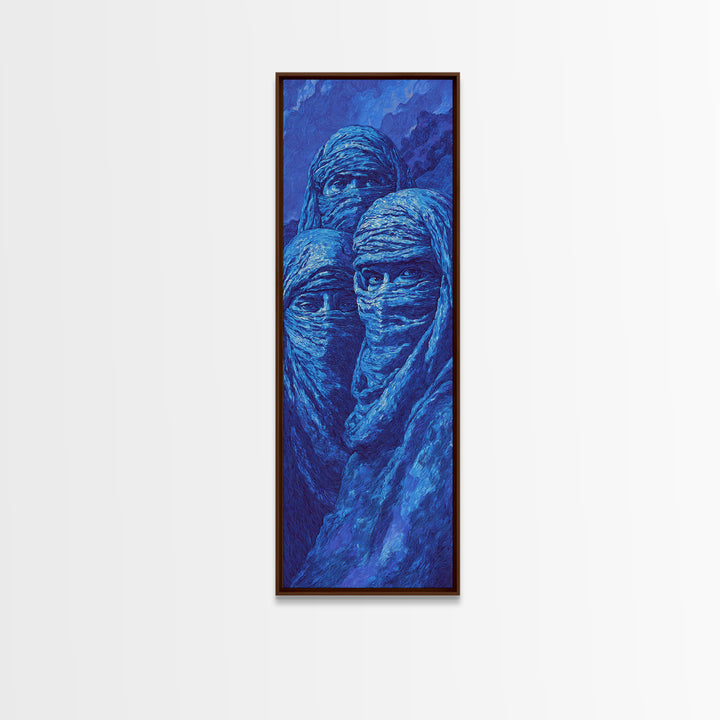 Mystic Blue Veiled Trio Canvas Print, Abstract African Portrait Wall Art, Tuareg Nomad Decor, Spiritual Indigo Artwork Gift
