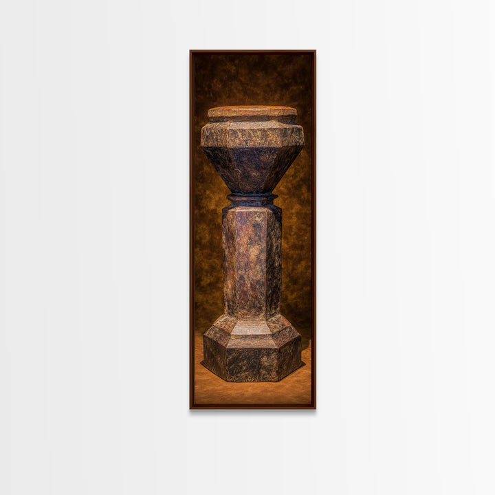 Rustic African Pedestal Sculpture Framed Canvas Print, Tribal Art Decor, Earth Tone Wall Decor, Unique Cultural Home Decor