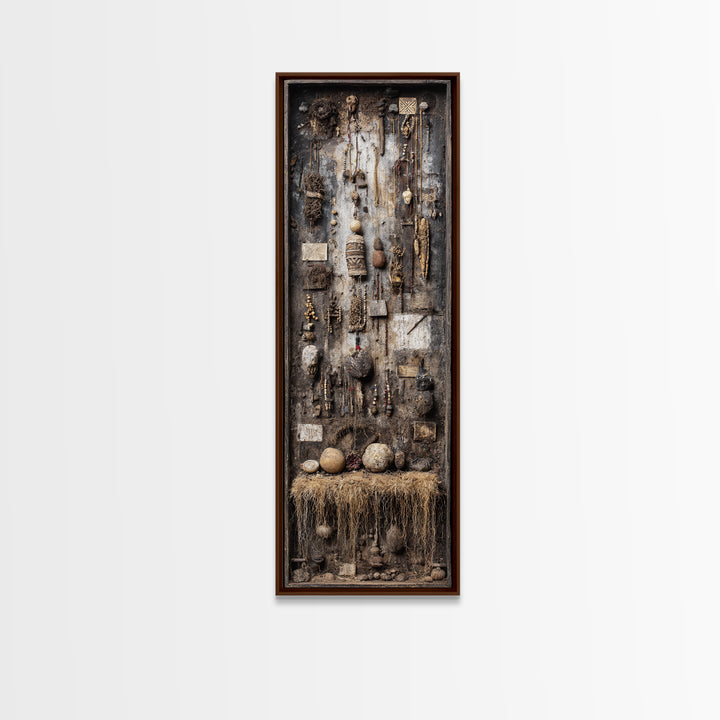 Earthy African Artifact Shadowbox Wall Art, Tribal Assemblage Decor, Ancestral Beads Gourds, Rustic Cultural Home Decor Gift