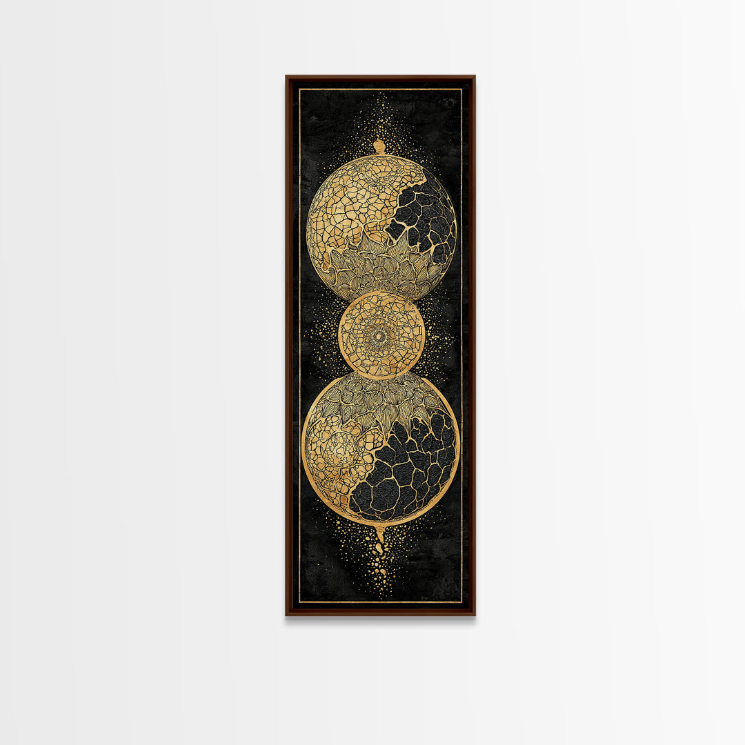 Cracked Gold Celestial Orbs On Black Canvas Print, African Abstract Wall Art, Modern Geometric Decor, Luxury Statement Home Gift