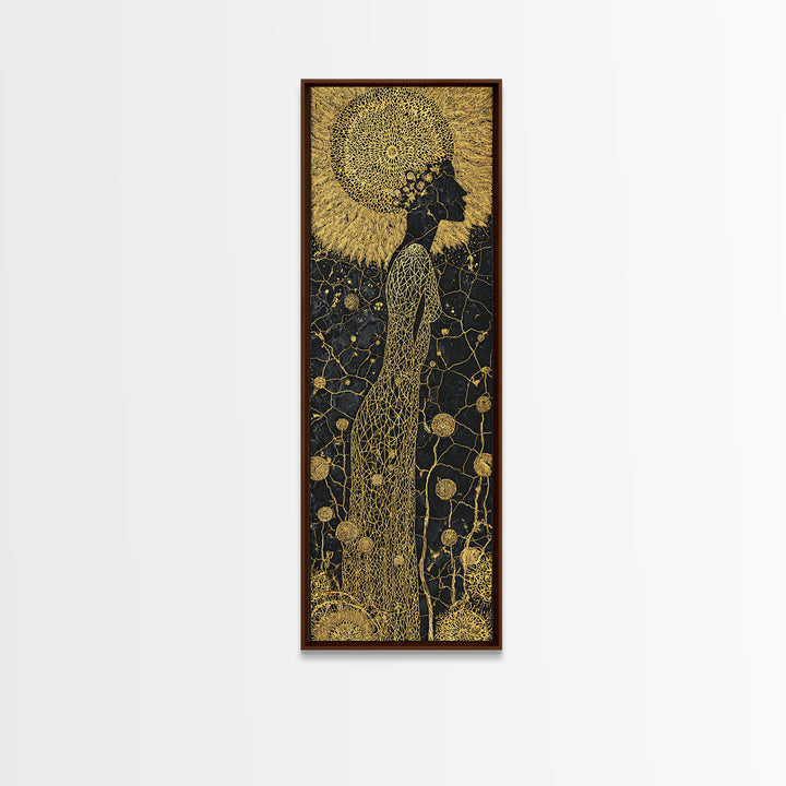 Gold Black African Woman Canvas Print, Elegant Silhouette Floral Pattern, Black Goddess Art, Luxury Afrocentric Wall Decor