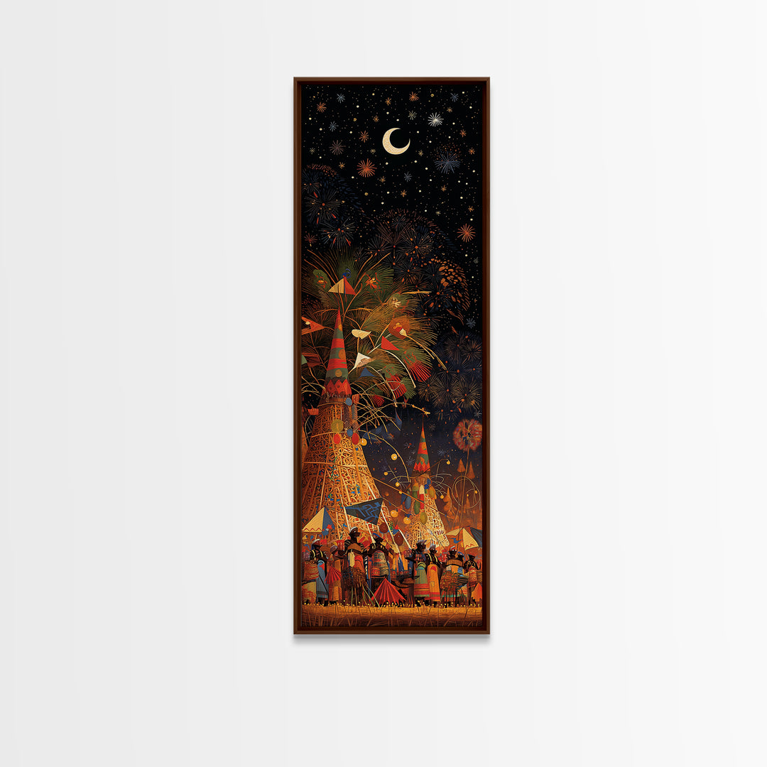 Starry African Village Night Wall Art, Crescent Moon Festival Scene, Afrocentric Decor, Mystical Cultural Canvas Print Gift
