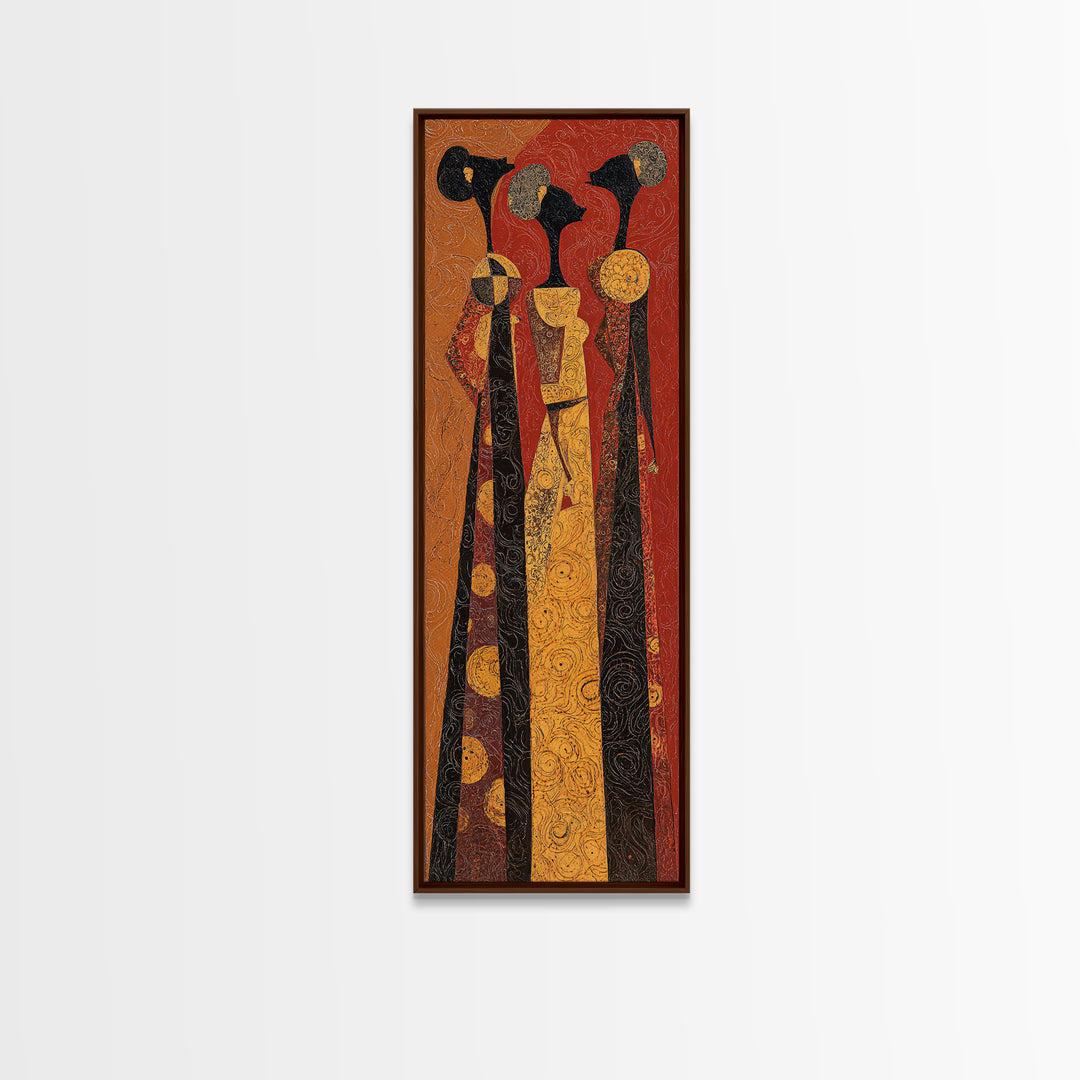 Stylized African Women In Tall Robes Framed Canvas Print, Tribal Queen Wall Art, Ankara Pattern Afrocentric Home Decor Gift