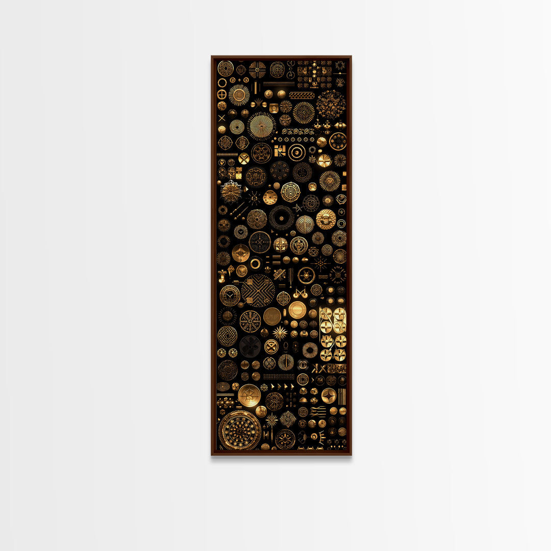 Gold African Symbol Collage On Black Wall Art, Geometric Tribal Decor, Afrocentric Patterns, Modern Canvas Print Unique Gift