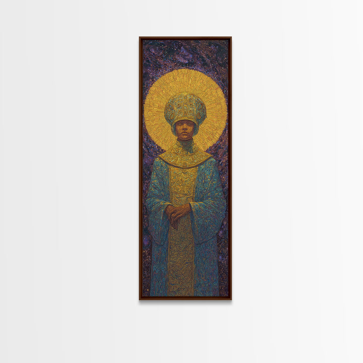Golden Halo African Monarch Framed Canvas Print, Royal Black Art, Afrocentric Wall Decor, Spiritual Portrait, Statement Art