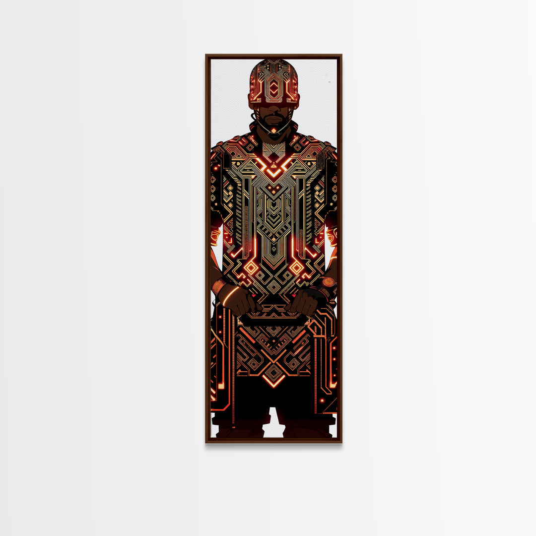 Futuristic African Warrior In Glowing Armor Canvas Print, Afrofuturism Decor, Tribal Art, Black Man Portrait, Bold Wall Decor