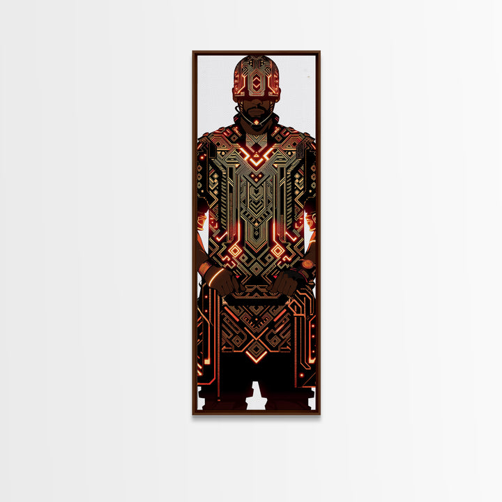 Futuristic African Warrior In Glowing Armor Canvas Print, Afrofuturism Decor, Tribal Art, Black Man Portrait, Bold Wall Decor
