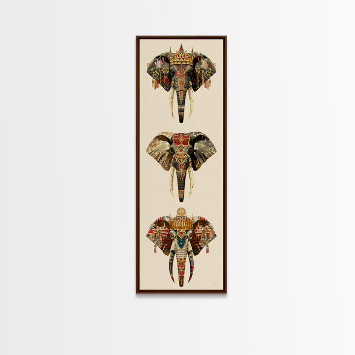 Jeweled African Elephant Trio Canvas Print, Regal Safari Wall Decor, Tribal Animal Art, Crowned Elephant, Boho Home Decor
