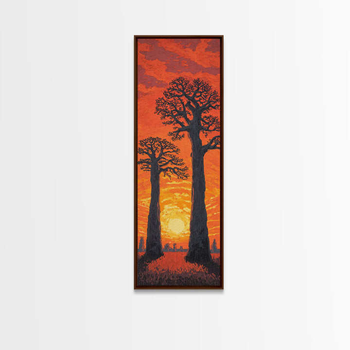 Twin Baobab Trees At Fiery Sunset, African Wall Art, Safari Landscape, Orange Motherland Decor, Framed Canvas Print Gift