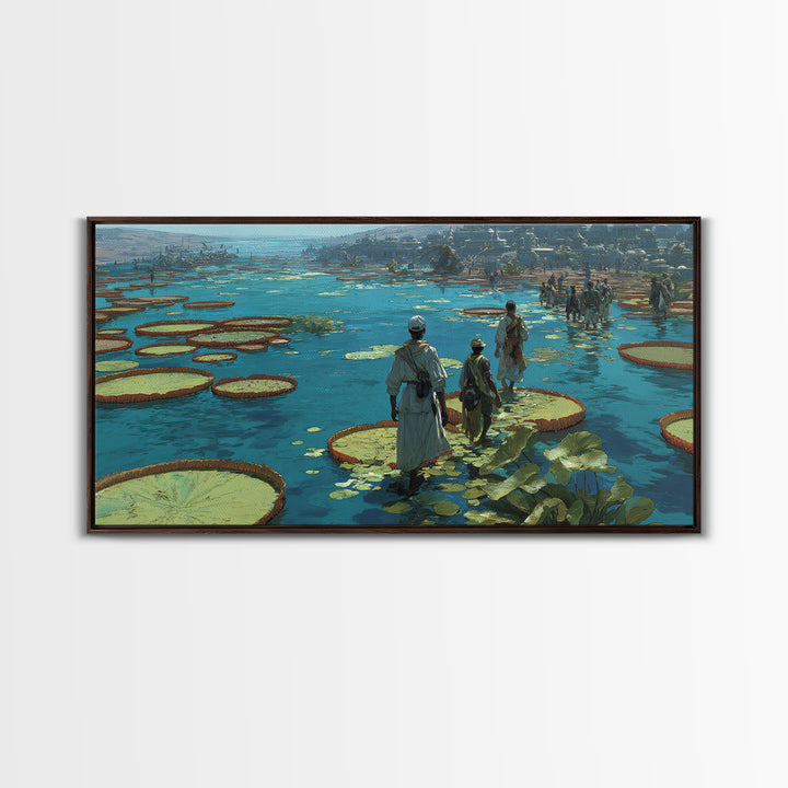 Figures Crossing Giant Lily Pads Canvas Print, African Landscape Wall Decor, Surreal Nature Scene Art, Blue Wetland Home Decor