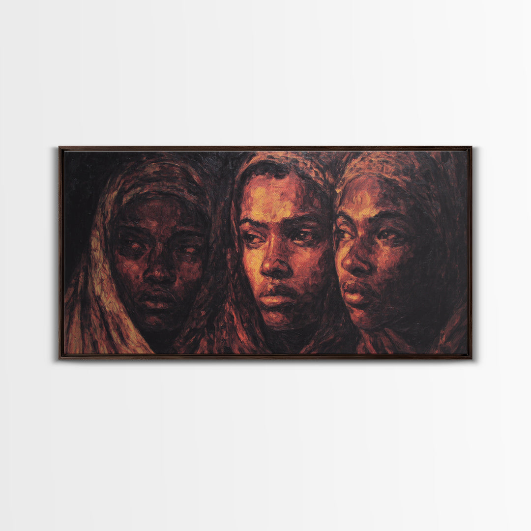 Three African Women Portrait Wall Art, Black Female Art, Afrocentric Decor, Burnt Orange Canvas, Elegant Cultural Home Decor Gift