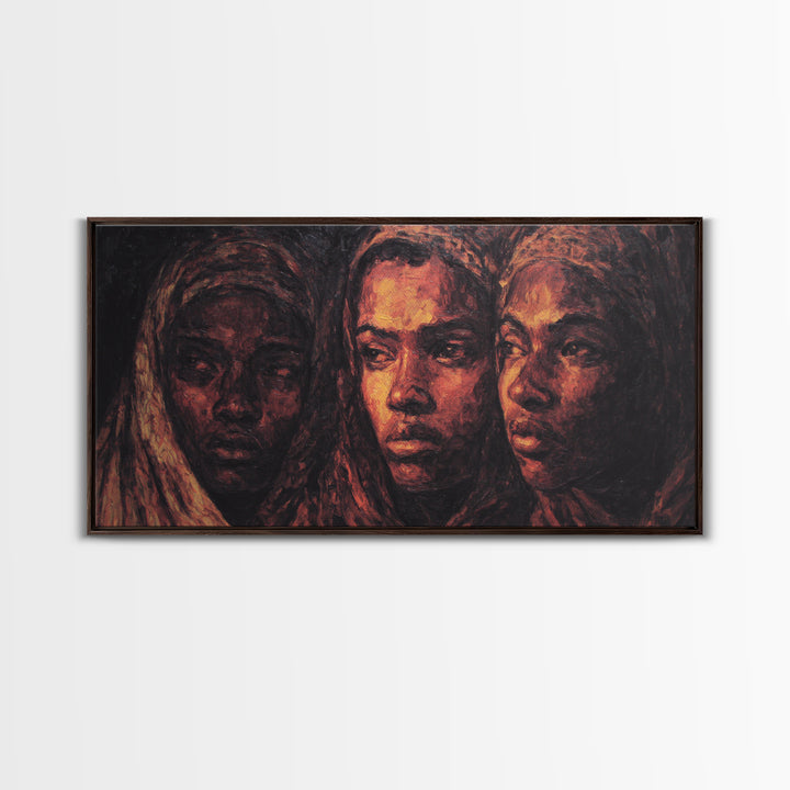 Three African Women Portrait Wall Art, Black Female Art, Afrocentric Decor, Burnt Orange Canvas, Elegant Cultural Home Decor Gift