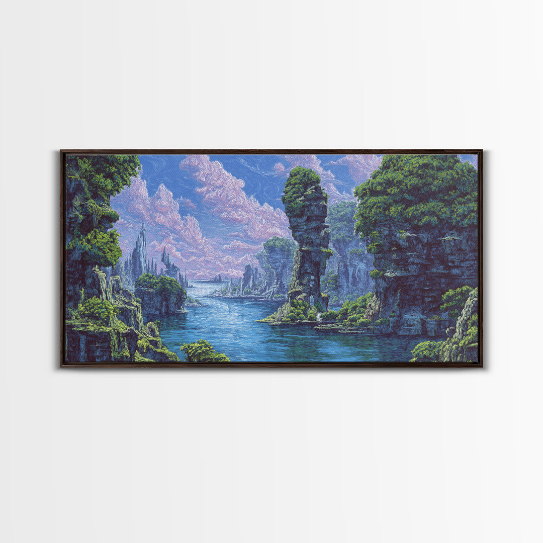 Serene Blue River Cliffs Framed Canvas Print, African Landscape, Nature Scene Art, Dreamy Wall Art For Elegant Home Decor
