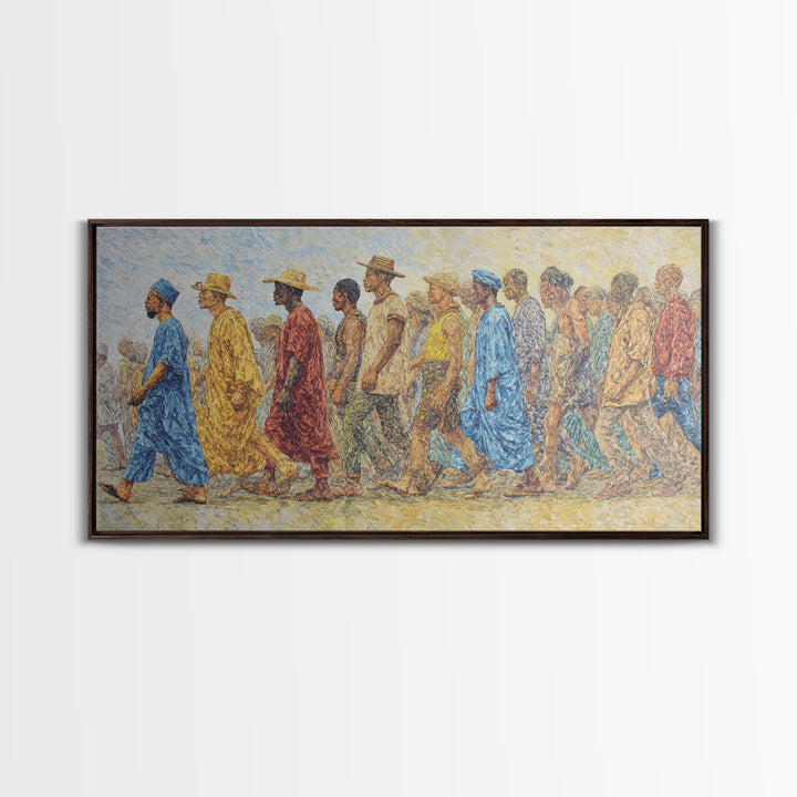 African Procession In Sunlit Robes Canvas Print, Cultural Wall Decor, Panoramic Black Art For Living Room And Office Gallery