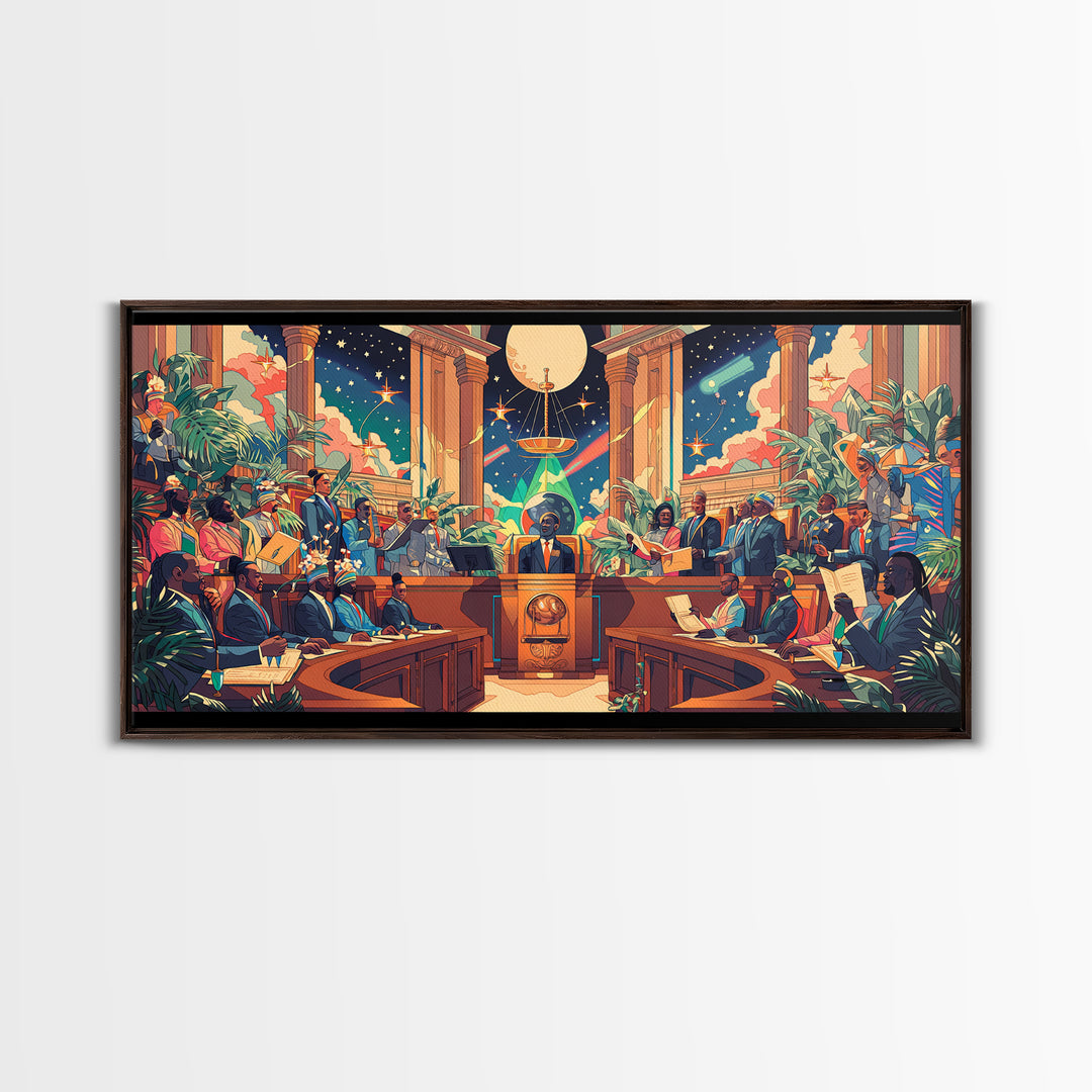 Afrofuturist Galactic Council Chamber Wall Art, African American Art Print, Colorful Sci Fi Courtroom Decor Poster Gift