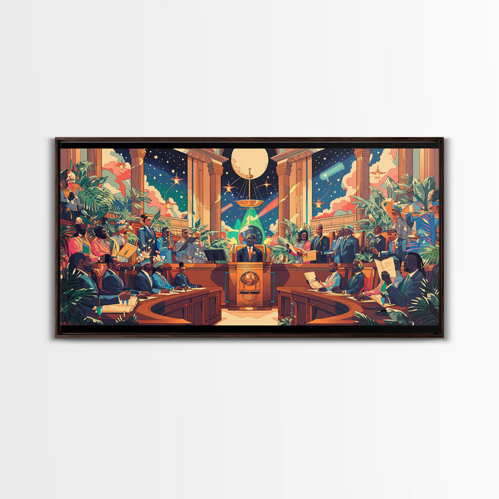 Afrofuturist Galactic Council Chamber Wall Art, African American Art Print, Colorful Sci Fi Courtroom Decor Poster Gift