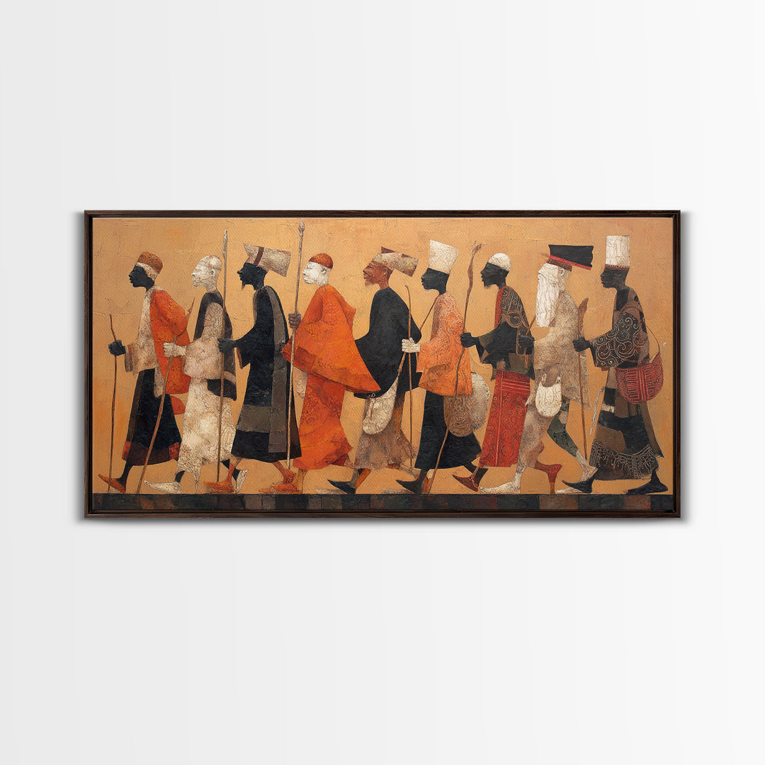 Traditional African Warriors Procession Wall Art, Tribal Culture Art Print, Earth Tone Safari Decor For Home Office Gallery