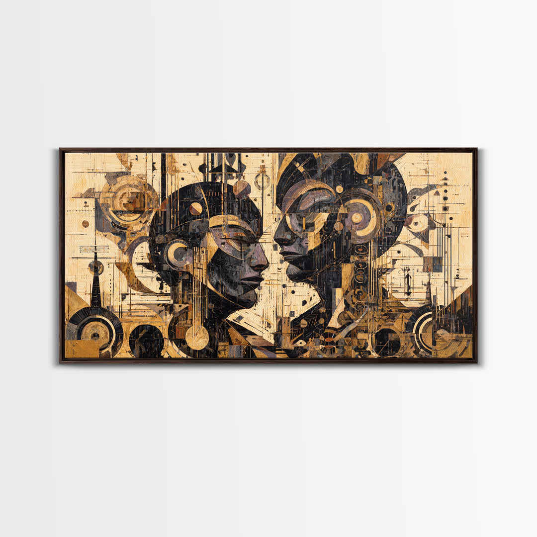 Geometric African Couple Profiles Framed Canvas Print, Abstract Afrocentric Wall Art, Gold Black Modern Cubism Decor Gift