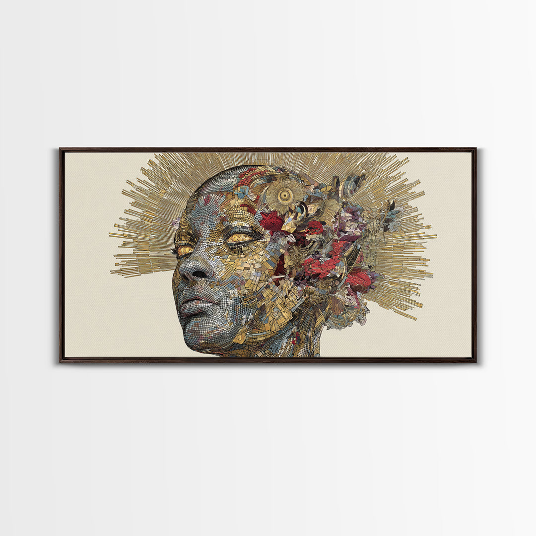 Black Woman Golden Halo Portrait Canvas Print, Mosaic Floral African Beauty Wall Art, Elegant Feminine Home Decor Gift Print