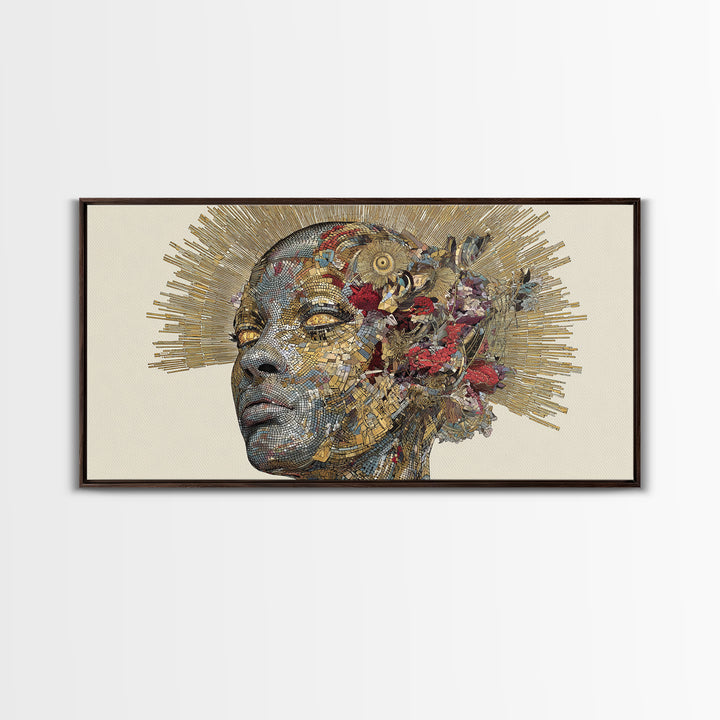 Black Woman Golden Halo Portrait Canvas Print, Mosaic Floral African Beauty Wall Art, Elegant Feminine Home Decor Gift Print