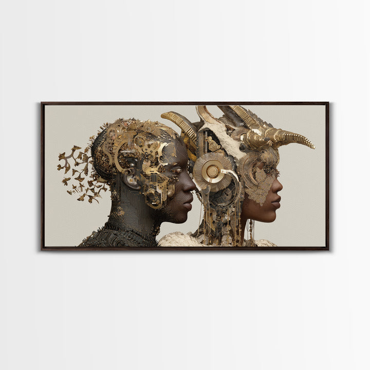 Afrofuturist Royal Couple With Horned Crowns Wall Art, African Goddess Portrait Canvas Print, Luxury Sci Fi Decor Gift Art