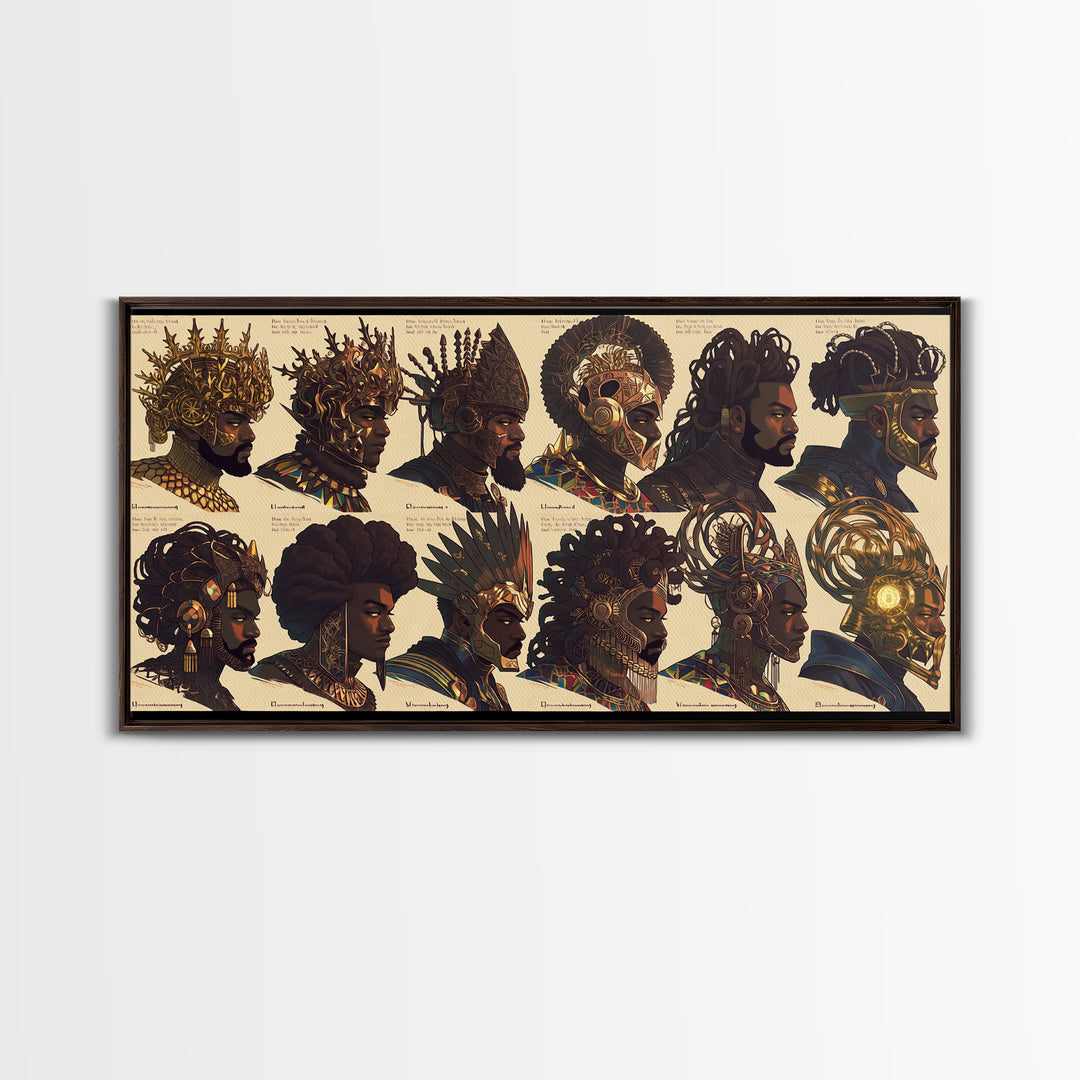 Ornate African Kings And Warriors Lineup Canvas Print, Royal Tribal Portrait Wall Art, Black Culture Decor Poster Gift Set