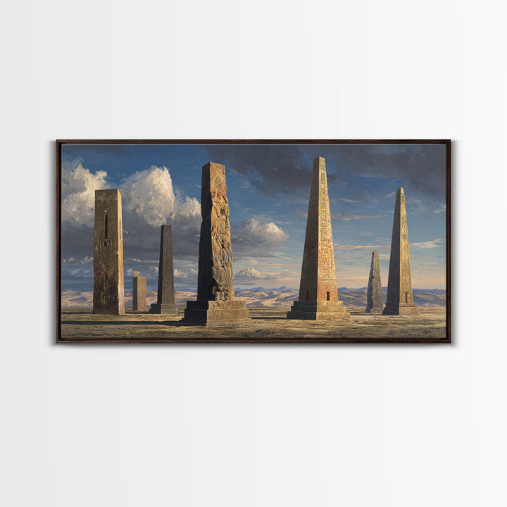Ancient Carved Desert Obelisks Wall Art, African Egyptian Art Print, Monument Landscape, Earth Tone Home Decor Gift For Living Room