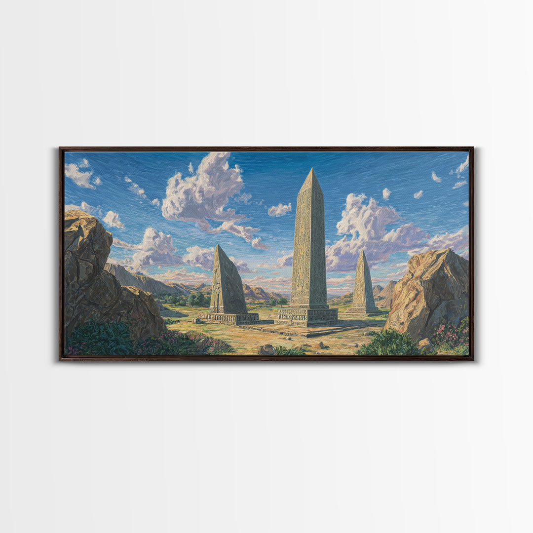 Mountain Valley Stone Obelisks Canvas Print, African Landscape Wall Decor, Ancient African Art, Nature Scene For Living Room