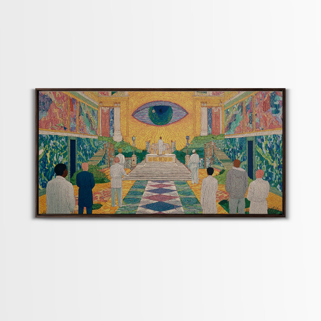 Mystic Eye Temple Ceremony Framed Canvas Print, African Abstract Wall Art, Spiritual Cultural Art Decor, Gallery Statement