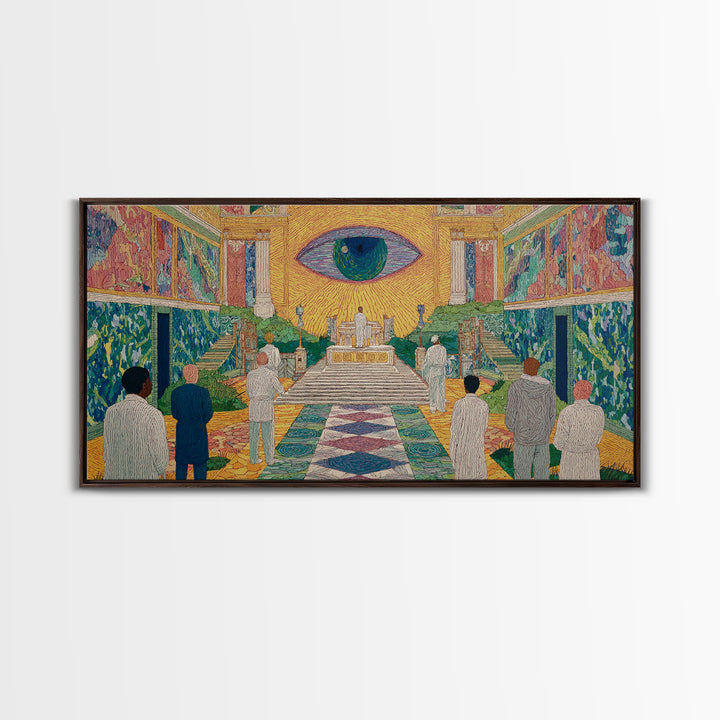 Mystic Eye Temple Ceremony Framed Canvas Print, African Abstract Wall Art, Spiritual Cultural Art Decor, Gallery Statement