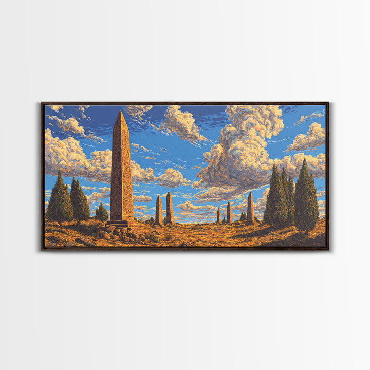 Golden Sky Obelisk Garden Wall Art, African Landscape Print, Ancient Monument Decor, Boho Earth Tone Living Room Artwork