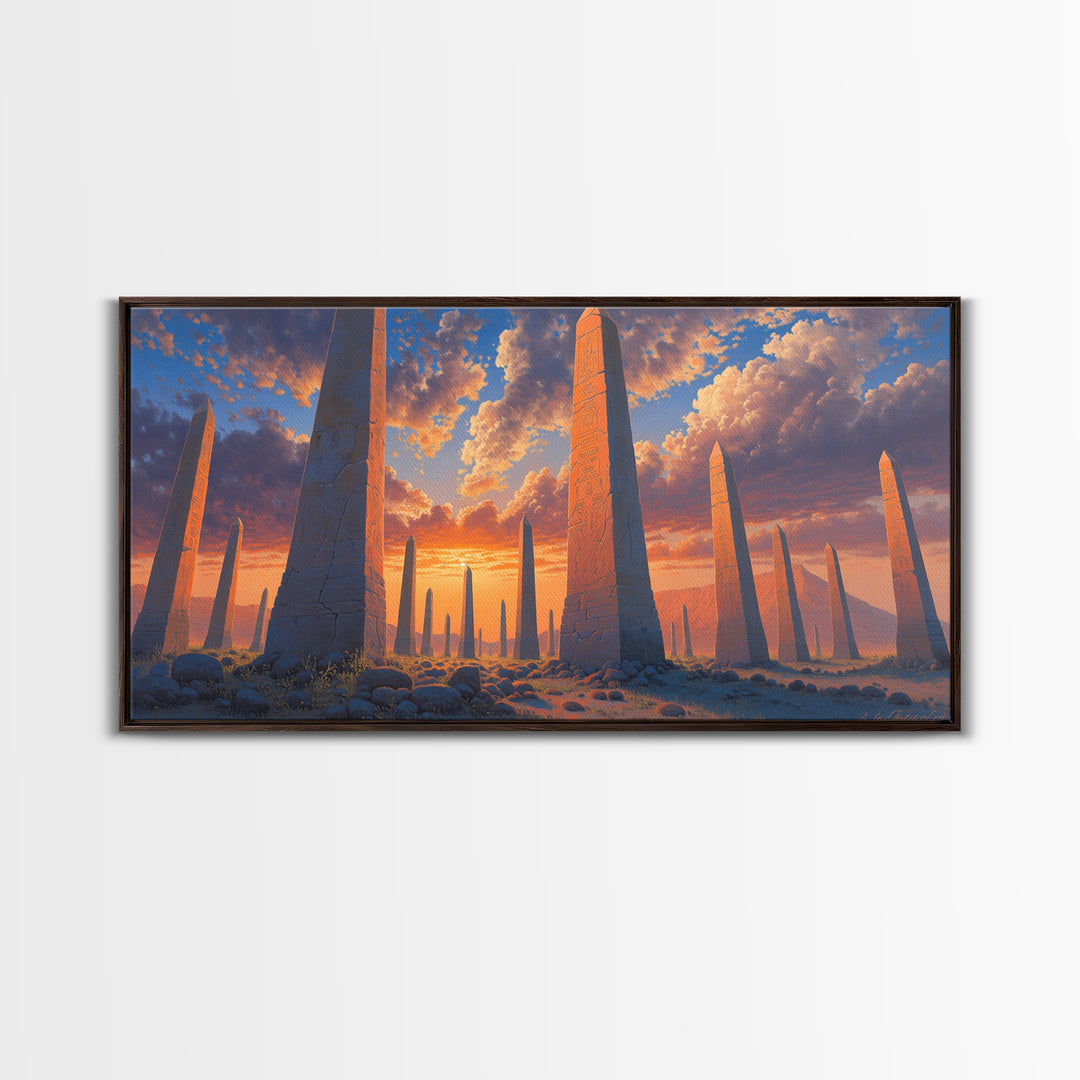 Sunset Obelisk Field Wall Art, African Egyptian Art Print, Ancient Desert Landscape, Warm Orange Statement Home Decor Gift