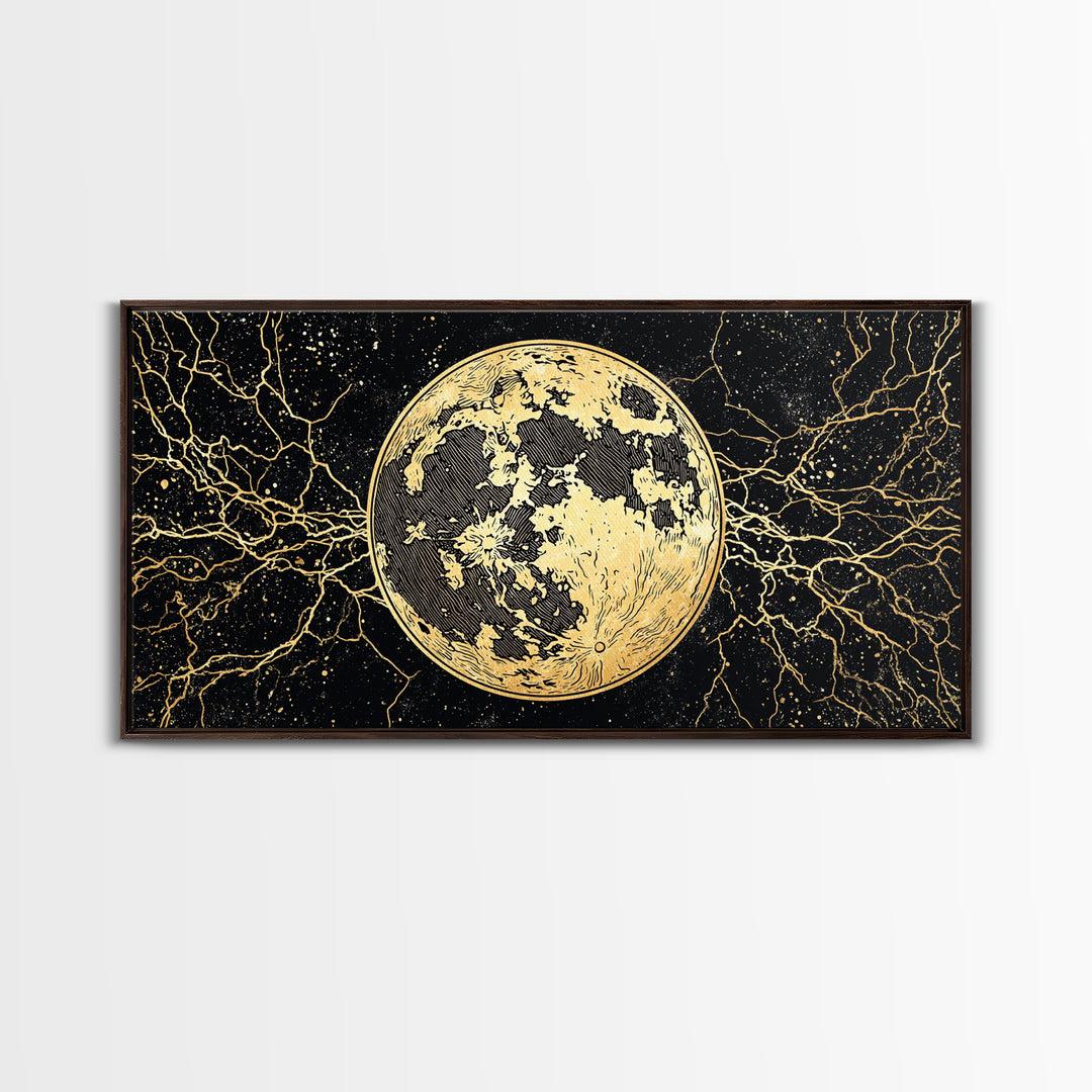 Golden Full Moon Wall Art, Black And Gold Celestial Canvas Print, Mystical Wall Decor, Abstract Night Sky Gift For Bedroom Home