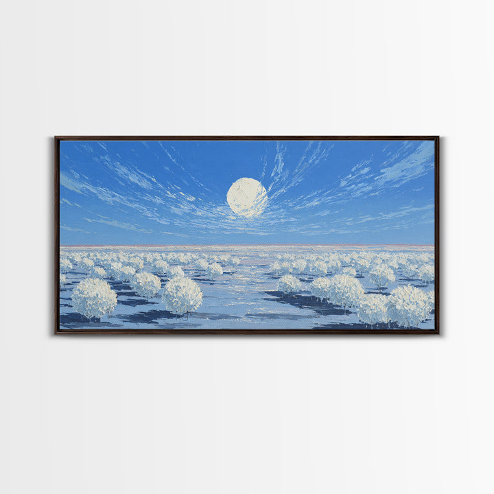 White Desert Bloom Field Canvas Print, African Landscape Wall Art, Dreamy Nature Scene, Blue Minimalist Home Decor Gift For Her